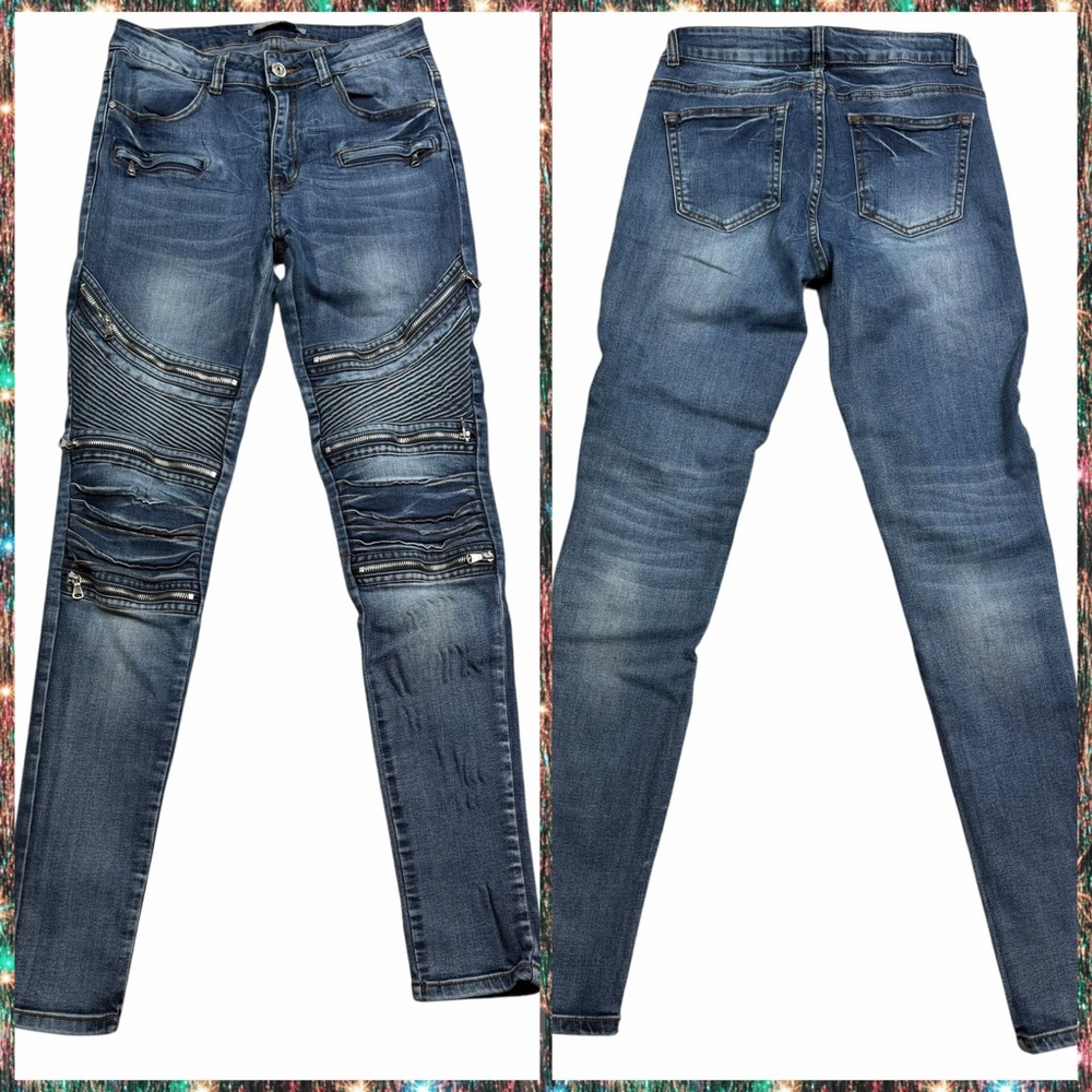 Blue Topic Medium/Dark Wash Zippered Moto Skinny Jeans - Size 7/8